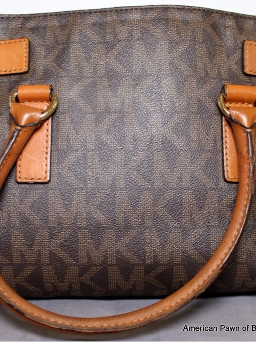 Michael Kors Brown Monogram Satchel with Tan Trim and Gold Hardware